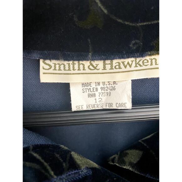 SMITH & HAWKEN Dress 12 Velour 90s Blue Floral Long Sleeve Cottagecore VTG USA - Picture 4 of 8